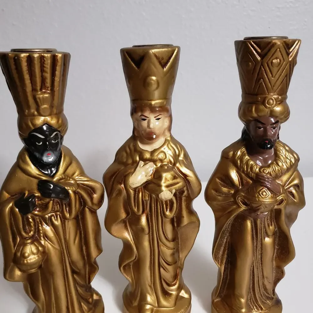 Vintage Papier Mache Three King Candle Holder Antique Gold Finish Nativity Decor